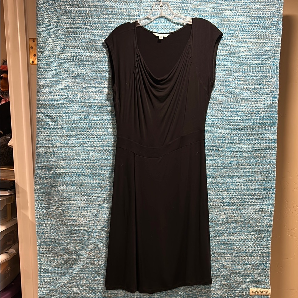 CAbi Black Sheath Midi Dress with Cowl Neck
